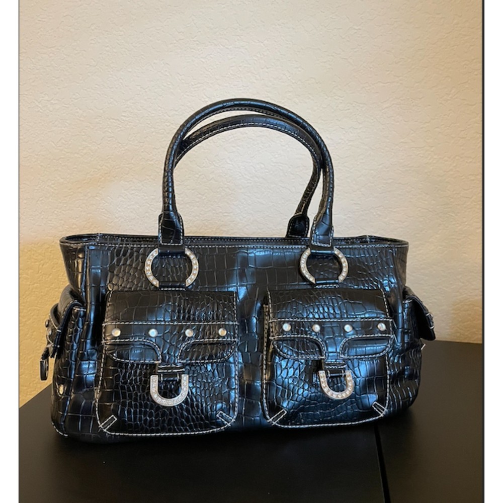 Valerie Stevens Bling Rhinestone Faux Croc Embossed Black Satchel Bag